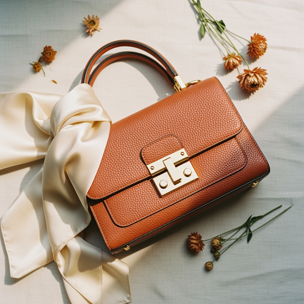 Terracotta leather bag flat lay